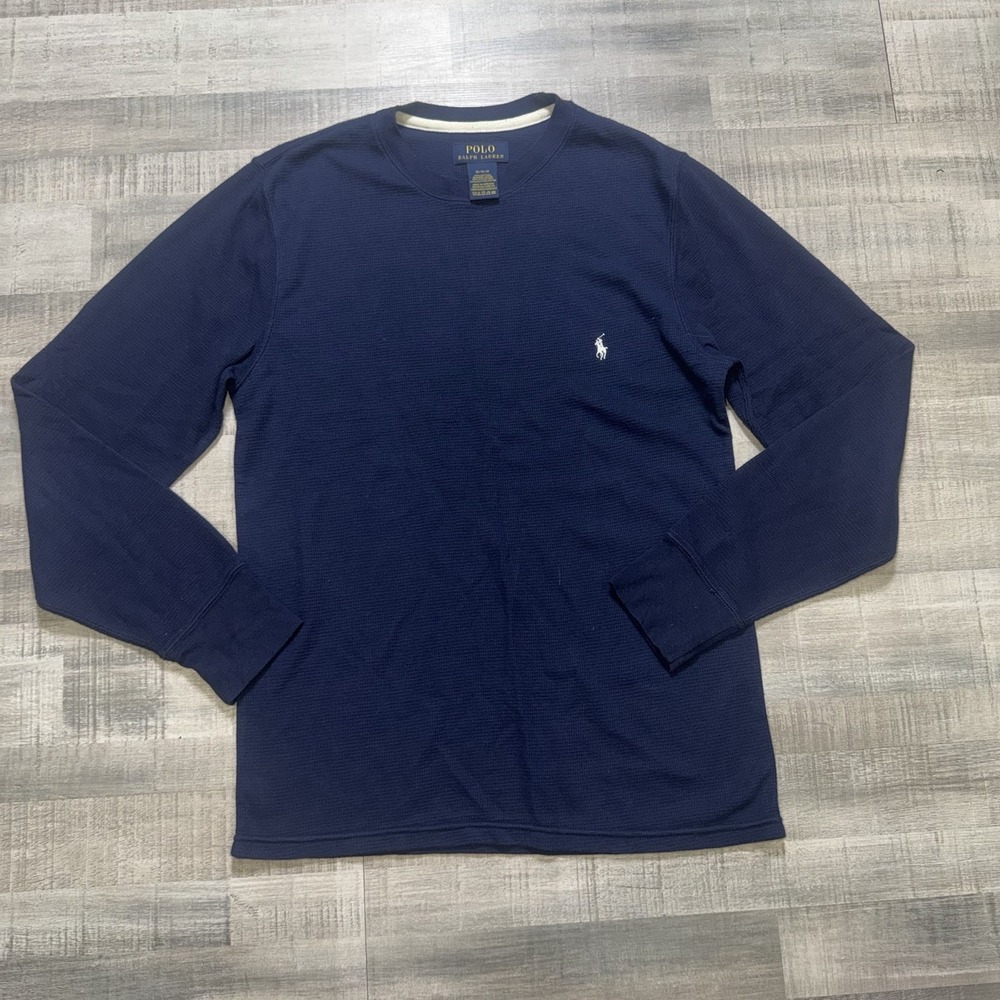 Polo Ralph Lauren Shirt Mens Medium Navy Long Sleeve Waffle Knit Thermal Casual
